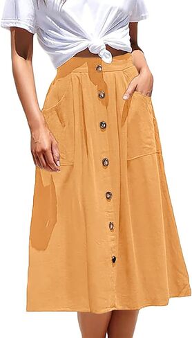 Women's Midi Skirts Casual High Elastic Waist A Line Pleated Midi Skirts with Pockets in Saudi Arabia