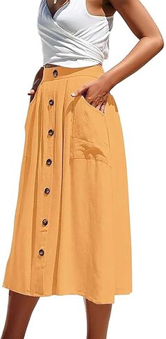 Women's Midi Skirts Casual High Elastic Waist A Line Pleated Midi Skirts with Pockets in Saudi Arabia
