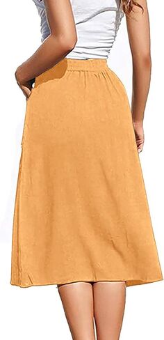 Women's Midi Skirts Casual High Elastic Waist A Line Pleated Midi Skirts with Pockets in Saudi Arabia