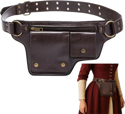 Leather Fanny Pack for Women, Adjustable Waist Bag Vintage Renaissance Hip Belt Pouch with Adsorptive Flap & Zipper Pockets, PU Leather Festival Costume Bag for Travel, Hiking, Cosplay in Saudi Arabia