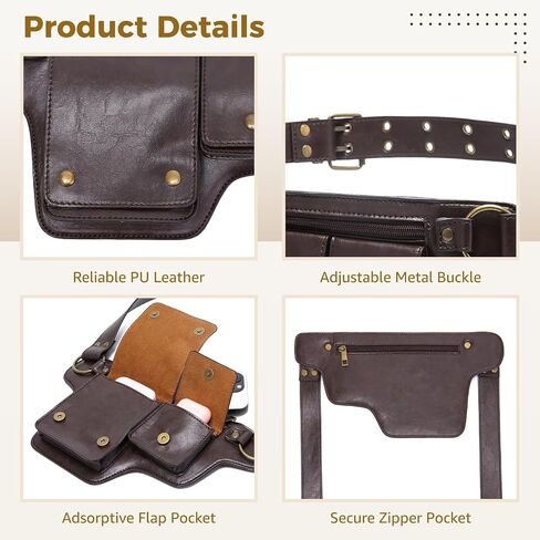 Leather Fanny Pack for Women, Adjustable Waist Bag Vintage Renaissance Hip Belt Pouch with Adsorptive Flap & Zipper Pockets, PU Leather Festival Costume Bag for Travel, Hiking, Cosplay in Saudi Arabia