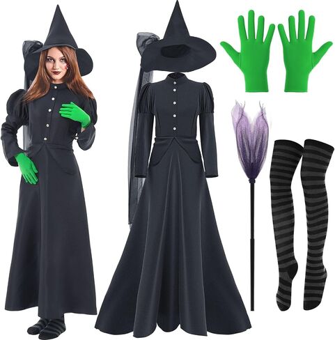 5Pcs Witch Halloween Costume Women Wizard Dress Set with Hat Broom Striped Socks Spandex Gloves for Cosplay Party in Saudi Arabia