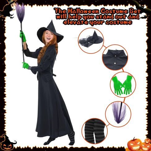 5Pcs Witch Halloween Costume Women Wizard Dress Set with Hat Broom Striped Socks Spandex Gloves for Cosplay Party in Saudi Arabia