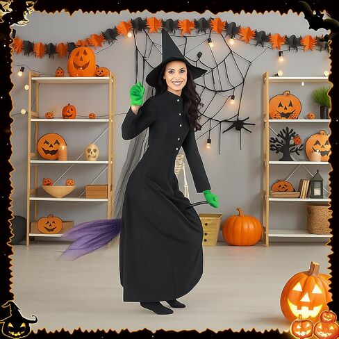 5Pcs Witch Halloween Costume Women Wizard Dress Set with Hat Broom Striped Socks Spandex Gloves for Cosplay Party in Saudi Arabia
