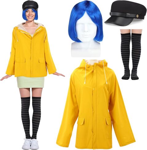 4 Pcs Halloween Women's Raincoat Costume Set Waterproof Rain Jacket Outfit Blue Hair Wig Black Beret Striped Thigh High Socks for Halloween Women Cosplay Party in Saudi Arabia