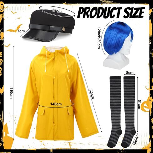 4 Pcs Halloween Women's Raincoat Costume Set Waterproof Rain Jacket Outfit Blue Hair Wig Black Beret Striped Thigh High Socks for Halloween Women Cosplay Party in Saudi Arabia
