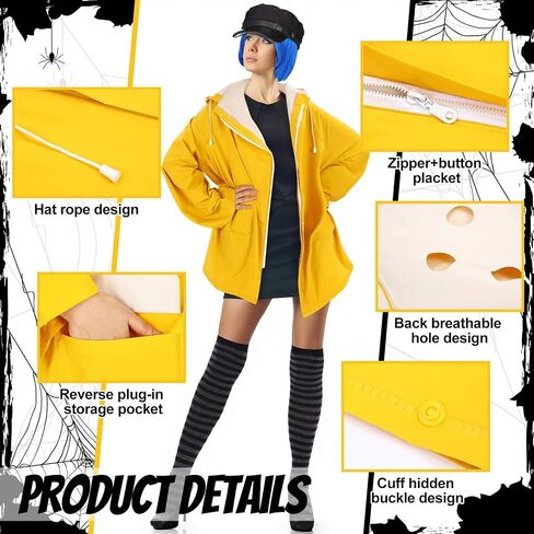 4 Pcs Halloween Women's Raincoat Costume Set Waterproof Rain Jacket Outfit Blue Hair Wig Black Beret Striped Thigh High Socks for Halloween Women Cosplay Party in Saudi Arabia