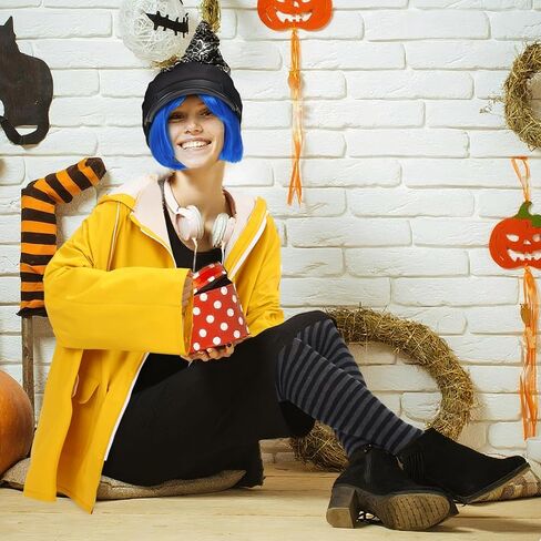 4 Pcs Halloween Women's Raincoat Costume Set Waterproof Rain Jacket Outfit Blue Hair Wig Black Beret Striped Thigh High Socks for Halloween Women Cosplay Party in Saudi Arabia