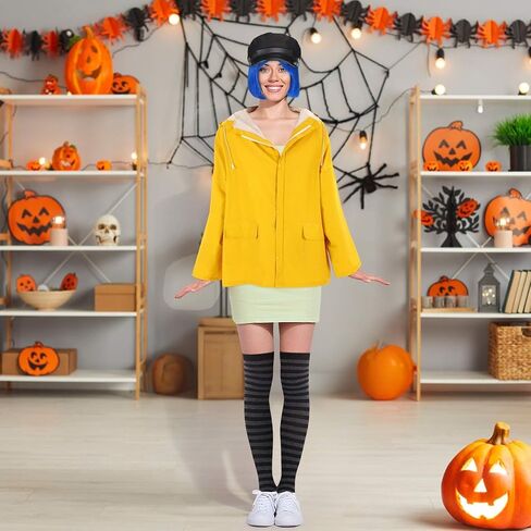 4 Pcs Halloween Women's Raincoat Costume Set Waterproof Rain Jacket Outfit Blue Hair Wig Black Beret Striped Thigh High Socks for Halloween Women Cosplay Party in Saudi Arabia