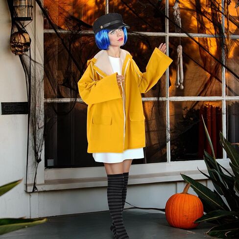 4 Pcs Halloween Women's Raincoat Costume Set Waterproof Rain Jacket Outfit Blue Hair Wig Black Beret Striped Thigh High Socks for Halloween Women Cosplay Party in Saudi Arabia