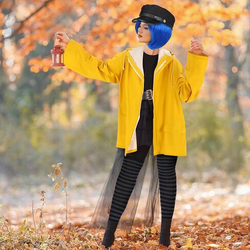 4 Pcs Halloween Women's Raincoat Costume Set Waterproof Rain Jacket Outfit Blue Hair Wig Black Beret Striped Thigh High Socks for Halloween Women Cosplay Party in Saudi Arabia