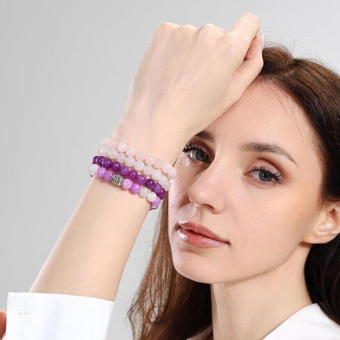 Fengling 4 PCS Amethyst Bracelets for Women 8mm Natural Healing Crystal Beaded Bracelet Anxiety Stretch Bracelet Jewelry for Women Gifts in Saudi Arabia