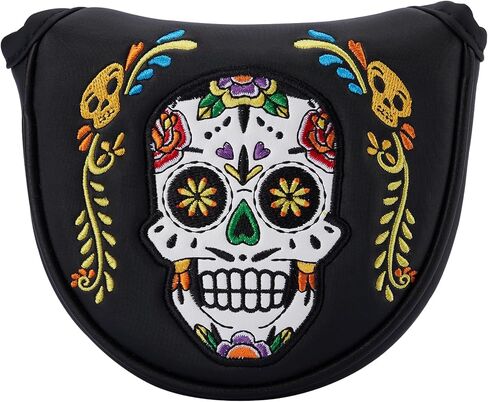 Golf Club Colorful Skull Skeleton Mallet Putter Head Cover Magnetic Closure Heel Shafted Satin Pattern PU Leather Headcover, White, Purple and Black Available in Kuwait