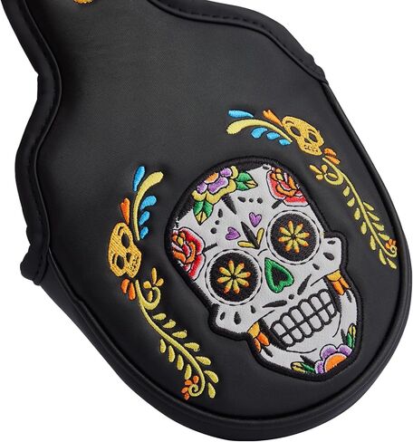 Golf Club Colorful Skull Skeleton Mallet Putter Head Cover Magnetic Closure Heel Shafted Satin Pattern PU Leather Headcover, White, Purple and Black Available in Kuwait