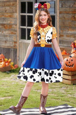Halloween Girls 2Pcs Cowgirl Dress with Mouse Ear Headbands Cow Print Skirt 2-12 Years in Kuwait