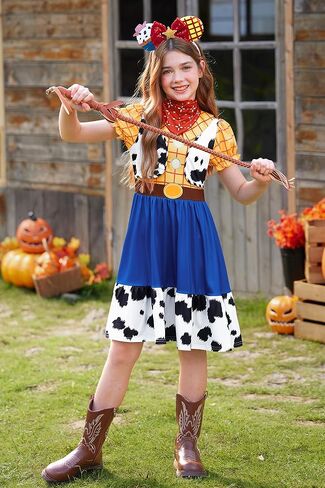 Halloween Girls 2Pcs Cowgirl Dress with Mouse Ear Headbands Cow Print Skirt 2-12 Years in Kuwait