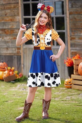Halloween Girls 2Pcs Cowgirl Dress with Mouse Ear Headbands Cow Print Skirt 2-12 Years in Kuwait