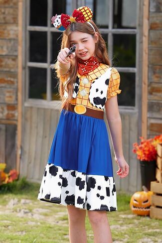 Halloween Girls 2Pcs Cowgirl Dress with Mouse Ear Headbands Cow Print Skirt 2-12 Years in Kuwait