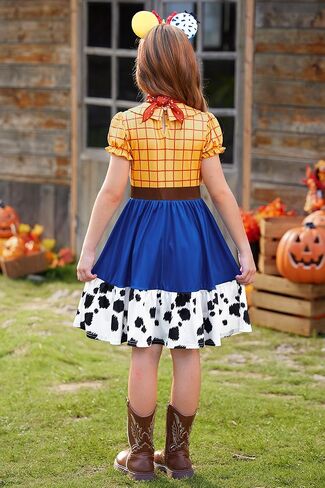 Halloween Girls 2Pcs Cowgirl Dress with Mouse Ear Headbands Cow Print Skirt 2-12 Years in Kuwait
