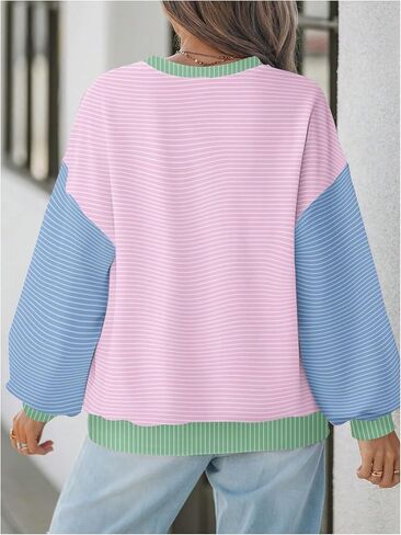 Floerns Women's Plus Size Striped Long Sleeve Sweatshirts Crew Neck Colorblock Pullover Tops in Saudi Arabia