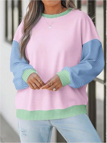 Floerns Women's Plus Size Striped Long Sleeve Sweatshirts Crew Neck Colorblock Pullover Tops in Saudi Arabia