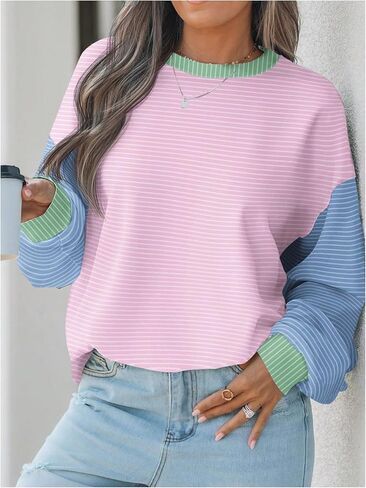 Floerns Women's Plus Size Striped Long Sleeve Sweatshirts Crew Neck Colorblock Pullover Tops in Saudi Arabia