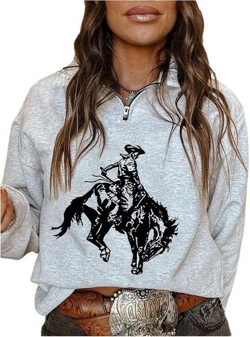 MakeMeChic Women's Half Zip Sweatshirt Western Graphic Long Sleeve Cowgirl Pullover Tops in Saudi Arabia