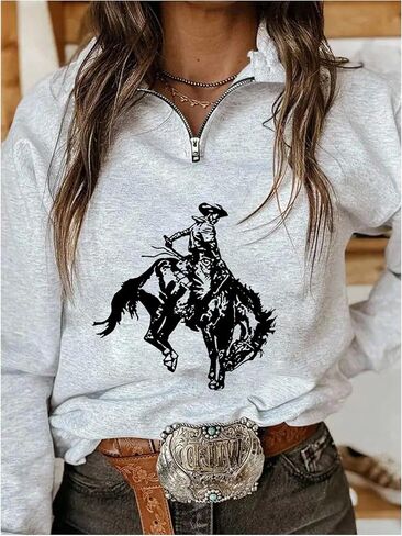 MakeMeChic Women's Half Zip Sweatshirt Western Graphic Long Sleeve Cowgirl Pullover Tops in Saudi Arabia