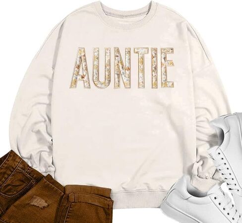 Womens Auntie Sweatshirt Crewneck Aunt Sweatshirt Floral Applique Embroidery Shirts Long Sleeve Pullover Sweater in Saudi Arabia