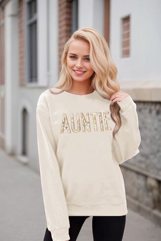 Womens Auntie Sweatshirt Crewneck Aunt Sweatshirt Floral Applique Embroidery Shirts Long Sleeve Pullover Sweater in Saudi Arabia