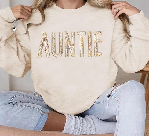 Womens Auntie Sweatshirt Crewneck Aunt Sweatshirt Floral Applique Embroidery Shirts Long Sleeve Pullover Sweater in Saudi Arabia