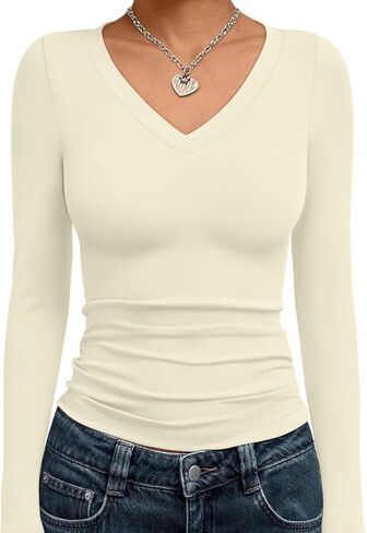 Trendy Queen Long Sleeve Shirts for Women 2024 Fall Fashion V Neck Basics Crop Tops Layering Slim Fitted Y2K Tops in Kuwait