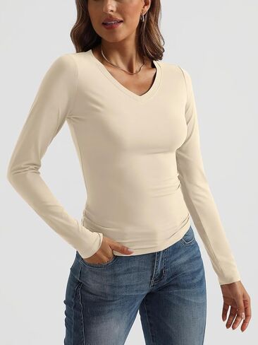 Trendy Queen Long Sleeve Shirts for Women 2024 Fall Fashion V Neck Basics Crop Tops Layering Slim Fitted Y2K Tops in Kuwait