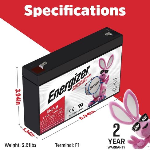 Energizer EN7-6, 6 Volt 7 Amp Hr, Long Lasting Sealed Lead Acid AGM Rechargeable Battery Ideal for Use in Emergency Lighting, Backup Power, Kids Ride On, and More in Saudi Arabia