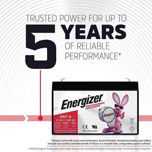Energizer EN7-6, 6 Volt 7 Amp Hr, Long Lasting Sealed Lead Acid AGM Rechargeable Battery Ideal for Use in Emergency Lighting, Backup Power, Kids Ride On, and More in Saudi Arabia