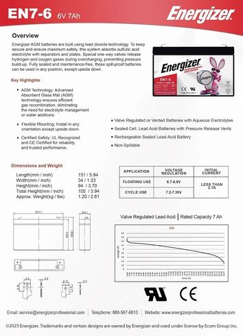 Energizer EN7-6, 6 Volt 7 Amp Hr, Long Lasting Sealed Lead Acid AGM Rechargeable Battery Ideal for Use in Emergency Lighting, Backup Power, Kids Ride On, and More in Saudi Arabia