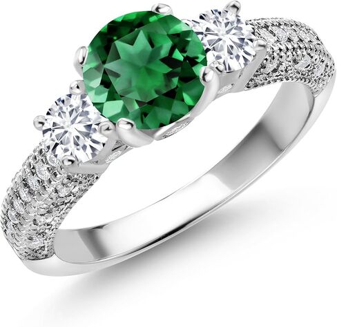 Gem Stone King 925 الفضة الاسترليني الأخضر نانو الزمرد الأبيض مختبر الماس والمويسانتي الأبيض خاتم الخطوبة للنساء (1.84 قيراط، حجر كريم مايو، دائري 7 مم و4 مم) in Saudi Arabia