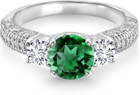 Gem Stone King 925 الفضة الاسترليني الأخضر نانو الزمرد الأبيض مختبر الماس والمويسانتي الأبيض خاتم الخطوبة للنساء (1.84 قيراط، حجر كريم مايو، دائري 7 مم و4 مم) in Saudi Arabia