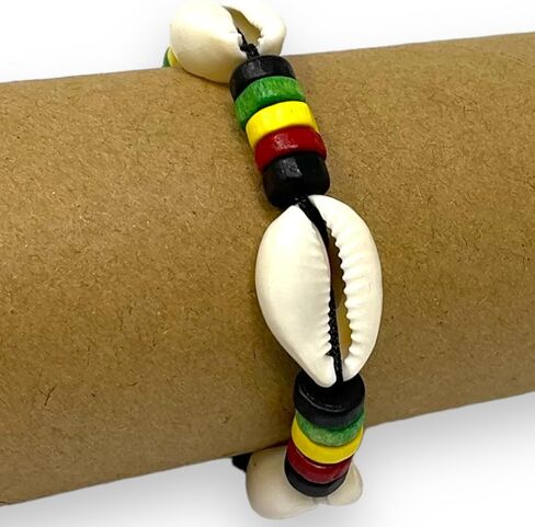 سوار راستا شل من المجوهرات الغريبة والعصرية - مصنوع من 3 أصداف طبيعية وخرز خشبي - سلك قنب أسود - سوار الراستا in Saudi Arabia