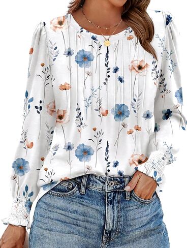 Zeagoo Womens Tops Puff Long Sleeve Shirts Dressy Casual Crew Neck Pleated Summer Fall Work Blouses S-3XL in Kuwait