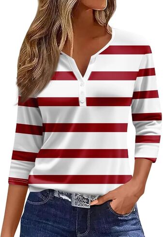 LilyCoco Womens Tunic Striped 3/4 Sleeve V Neck T Shirts Casual Botton Shirt in Saudi Arabia