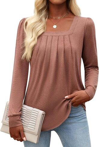 Funlingo Women's Puff Long Sleeve Tops Dressy Casual Square Neck Pleated Work Blouse Fall Trendy Tunic Flowy Chiffon Shirts in Saudi Arabia