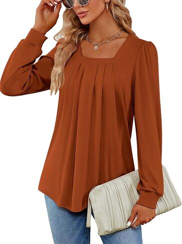 Funlingo Women's Puff Long Sleeve Tops Dressy Casual Square Neck Pleated Work Blouse Fall Trendy Tunic Flowy Chiffon Shirts in Saudi Arabia