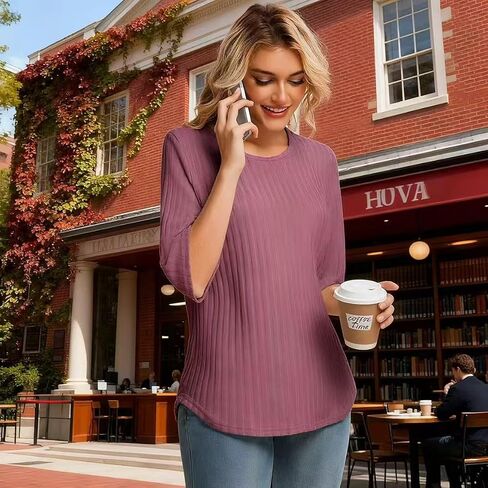 سترات الخريف النسائية 3/4 كم فضفاضة تناسب تونك القمم Crewneck متأنق بلوزات كبيرة الحجم غير رسمية 2025 in Kuwait