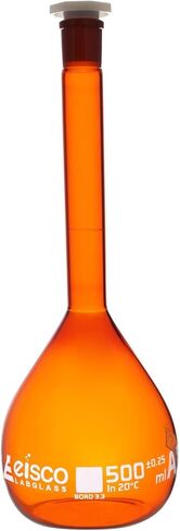 Eisco Amber Volumetric Flask, 2000mL - Class A - Borosilicate Glass, Polyethylene Stopper, 29/32 Socket - QR Code Marking for Calibration Certificate in Kuwait