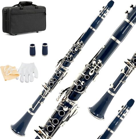 Ktaxon Bb Flat Clarinet Mid-range Bakelite Beginner & Student Clarinet, Nickel-Plated 17 Keys B Tone Clarinets with Hard Case, 10 Reeds, Gloves, 2 Mouthpieces Connector (Black) in Kuwait