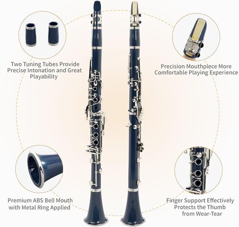 Ktaxon Bb Flat Clarinet Mid-range Bakelite Beginner & Student Clarinet, Nickel-Plated 17 Keys B Tone Clarinets with Hard Case, 10 Reeds, Gloves, 2 Mouthpieces Connector (Black) in Kuwait