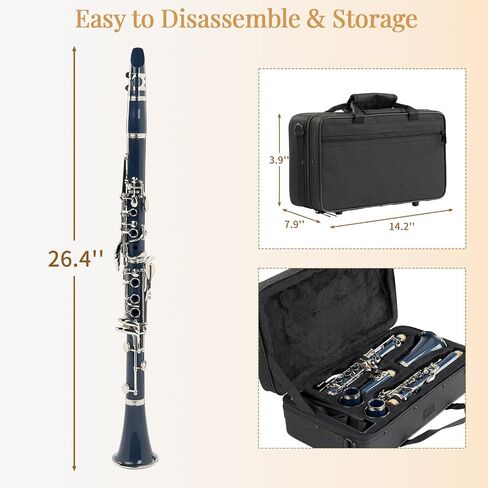 Ktaxon Bb Flat Clarinet Mid-range Bakelite Beginner & Student Clarinet, Nickel-Plated 17 Keys B Tone Clarinets with Hard Case, 10 Reeds, Gloves, 2 Mouthpieces Connector (Black) in Kuwait