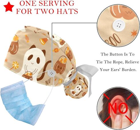 قطعتان من القبعة المنتفخة مع أزرار، وقبعة جراحة التنظيف، وقبعة جراحية مجردة على شكل جلد الفهد مع حقيبة ذيل حصان للممرضة in Kuwait