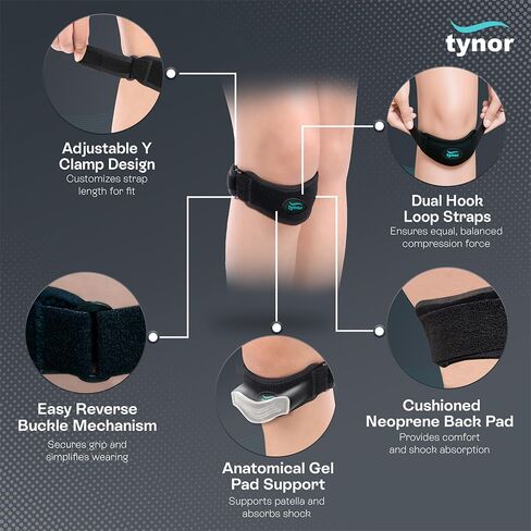 TYNOR Dual Patellar Support for Knee with Dual Gel Pad, Patella Tendon Knee Strap Adjustable Band with Dual Hook Loop Closure for Men & Women, Tennis, Basketball, Running, Tendonitis (One Size, Black) in Saudi Arabia